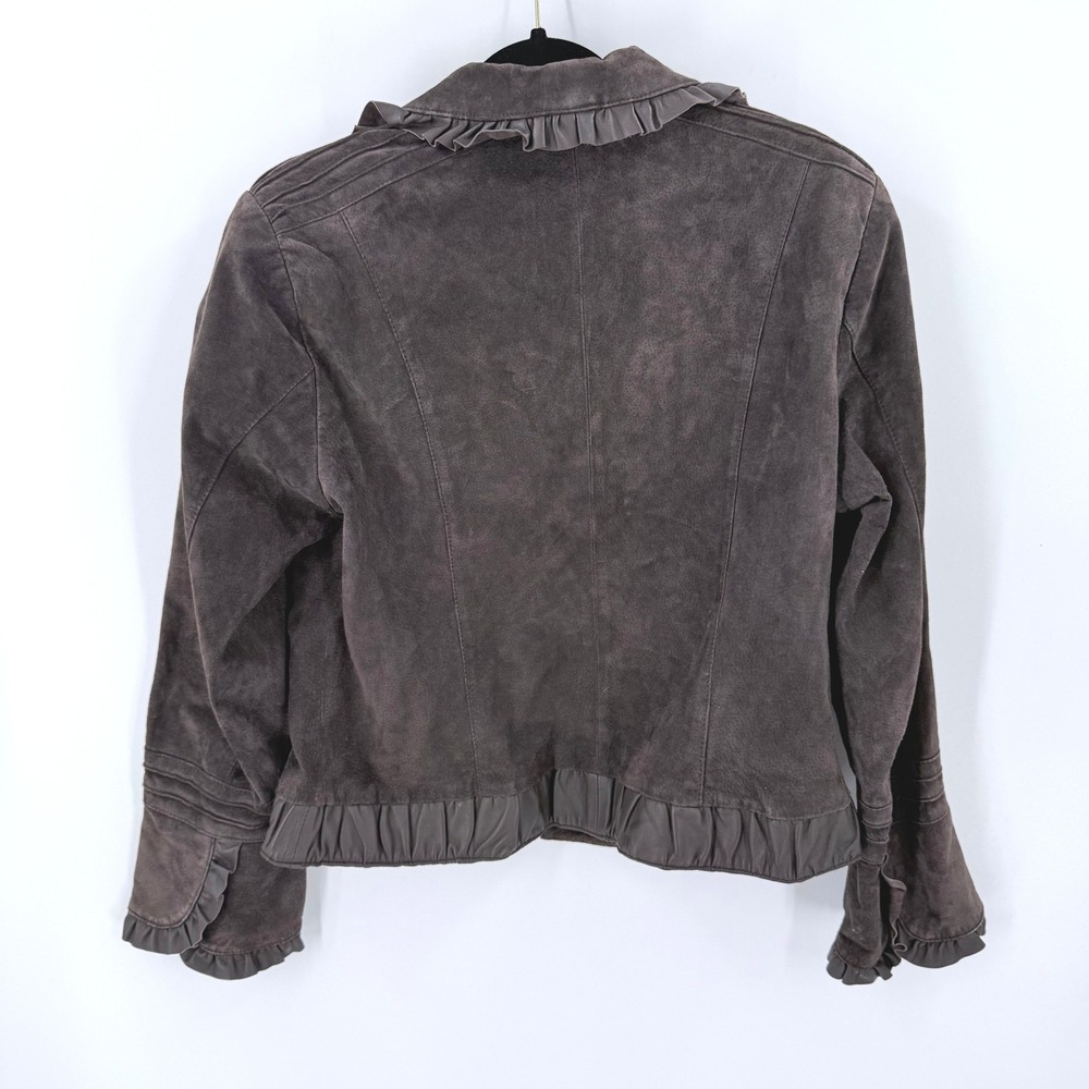 Vintage Pamela McCoy Brown Genuine Suede Leather Ruffle Military Jacket Large - Picture 2 of 7